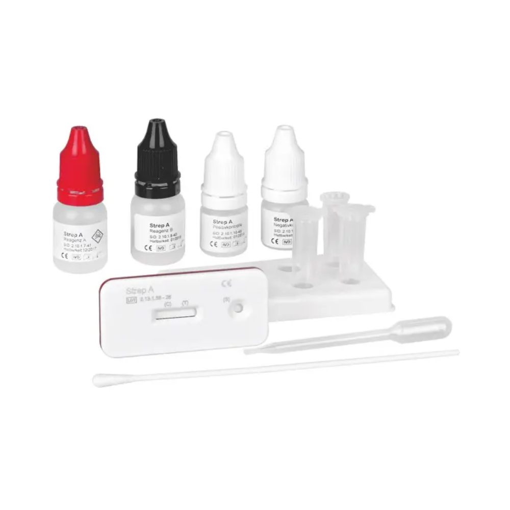 The Cleartest Strep A test strip kit from Servoprax GmbH contains four reagent bottles, a test cassette, a pipette, a swab for throat swabs, and a holder. The bottles are equipped with red, black, and two white caps. The kit is neatly arranged on a pristine white background.