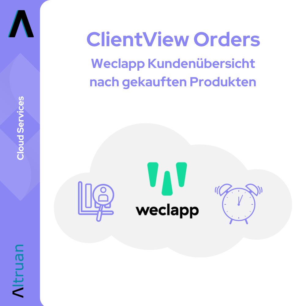 Illustration for "Altruan Customer Overview by Purchased Products" in blue and purple colors with symbols of a computer, the weclapp logo, and a clock, with bilingual text in English and German.