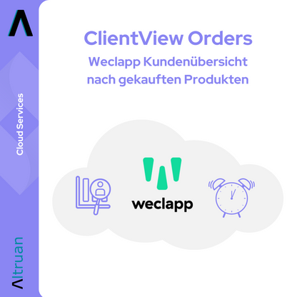 Illustration for "Altruan Customer Overview by Purchased Products" in blue and purple colors with symbols of a computer, the weclapp logo, and a clock, with bilingual text in English and German.