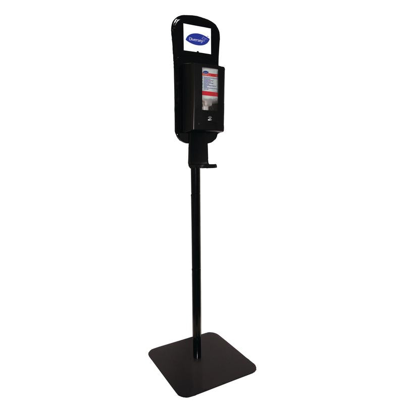 A height-adjustable, black stand column from Diversey Deutschland GmbH & Co. OHG for hybrid dispensers with a rectangular base, foot pedal, and a CleanPro container placed on top.