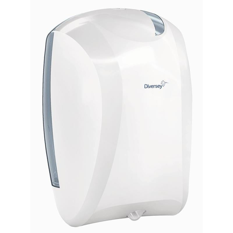 Sealbhóir rolla páipéir plaisteach bán/trédhearcach le dífhilleadh inmheánach (35,2 x 24,3 x 24 cm) ó Diversey Deutschland. Suiteáil ar an mballa, dearadh nua-aimseartha, dáileoir do naipcíní le sliotán seachadta infheicthe. Pacáiste: 1 phíosa.