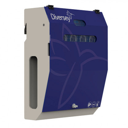 Die DF5M (IOC) Haupteinheit von Diversey Deutschland ist ein intelligentes, wandmontiertes Dosiersystem mit blauem Frontpanel, Fenster-Slot und Symbolen - ideal für hauseigene Wäschereien (max. 4 Maschinen/Produkte).