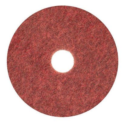 Das Diversey Twister Pad TXP Scheuerpad für Steinböden von Diversey Deutschland GmbH & Co. OHG ist ein kreisförmiges rotes Pad mit rauer Textur und Mittelloch, das für die Reinigung von Steinböden konzipiert wurde (von oben auf weißem Hintergrund).