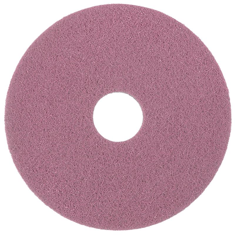 Ein einzelnes rundes Diversey Twister Pad Pink für Vinylböden von Diversey Deutschland GmbH & Co. OHG, mit rauer Textur und Mittelloch, ist von oben auf weißem Hintergrund abgebildet.