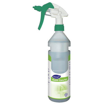 A transparent plastic spray bottle labeled "Room Care R2 Plus Pur-Eco spray bottle, empty" from Diversey Deutschland GmbH & Co. OHG, with a green-white spray nozzle and a label indicating it is intended for room cleaning.