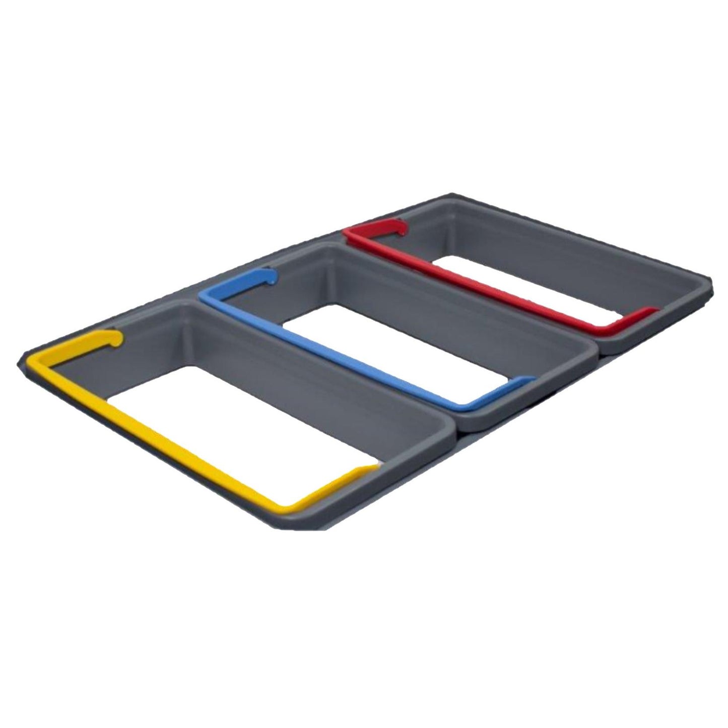 Trí Di Protect liath Tríroinn Dramhaíola ó Diversey, do TASKI Protect Trolley, tá siad taobh le taobh le himill bhuí, ghorma agus dhearga (ó chlé go deas) ar chúlra bán. Tá 1 phíosa sa phacáiste.