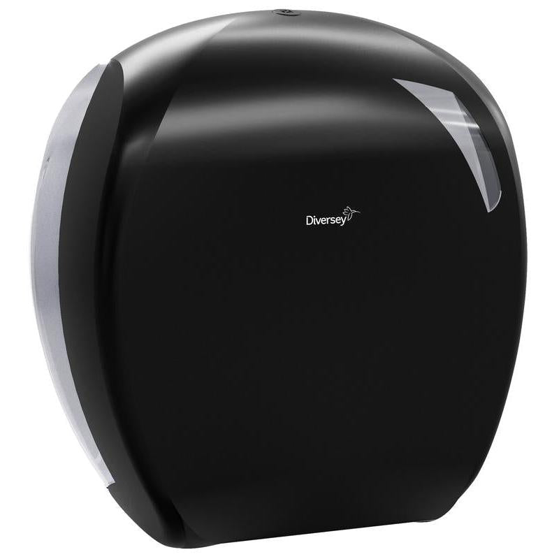 Is dáileoir dubh é sealbhóir rolla jumbo páipéar leithris Maxi ó Diversey Deutschland GmbH & Co. OHG le taobh dheis trédhearcach agus lógó sa lár - iontach do cheantair sláintíochta tráchtála. Léirithe ar chúlra bán.