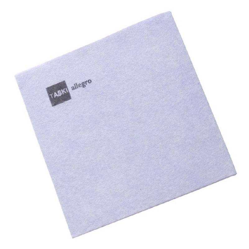 A light purple TASKI Allegro non-woven cloth from Diversey Deutschland GmbH & Co. OHG, particularly absorbent, with "TASKI allegro" in black lettering on one corner, pictured on a white background; sold in packs of 50 pieces.