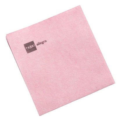 A single light pink TASKI Allegro non-woven cloth from Diversey Deutschland GmbH & Co. OHG, with "TASKI allegro" in gray in the upper left corner, on a white background (50 pack).