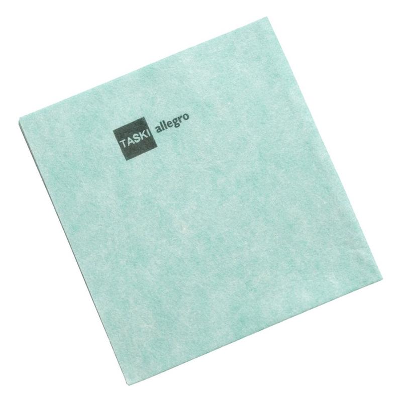 A light green square cleaning cloth, TASKI Allegro non-woven cloth from Diversey Deutschland GmbH & Co. OHG, with black print "TASKI allegro" on one corner, photographed on a white background (pack of 50 pieces).
