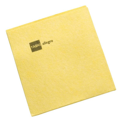 A neatly folded yellow TASKI Allegro non-woven cloth from Diversey Deutschland GmbH & Co. OHG, with the print "TASKI allegro" on one side, depicted on a white background. Practical for efficient cleaning. Package contains 50 cloths.