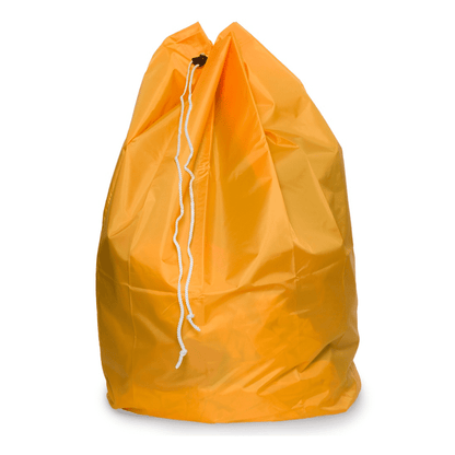 The DEISS disposal bag with PP cord and bottom loop, a 120-liter drawstring bag from EMIL DEISS KG (GmbH + Co.), stands upright against a white background. It is made of crinkled polyester fabric and its opening is closed with a sturdy white cord.