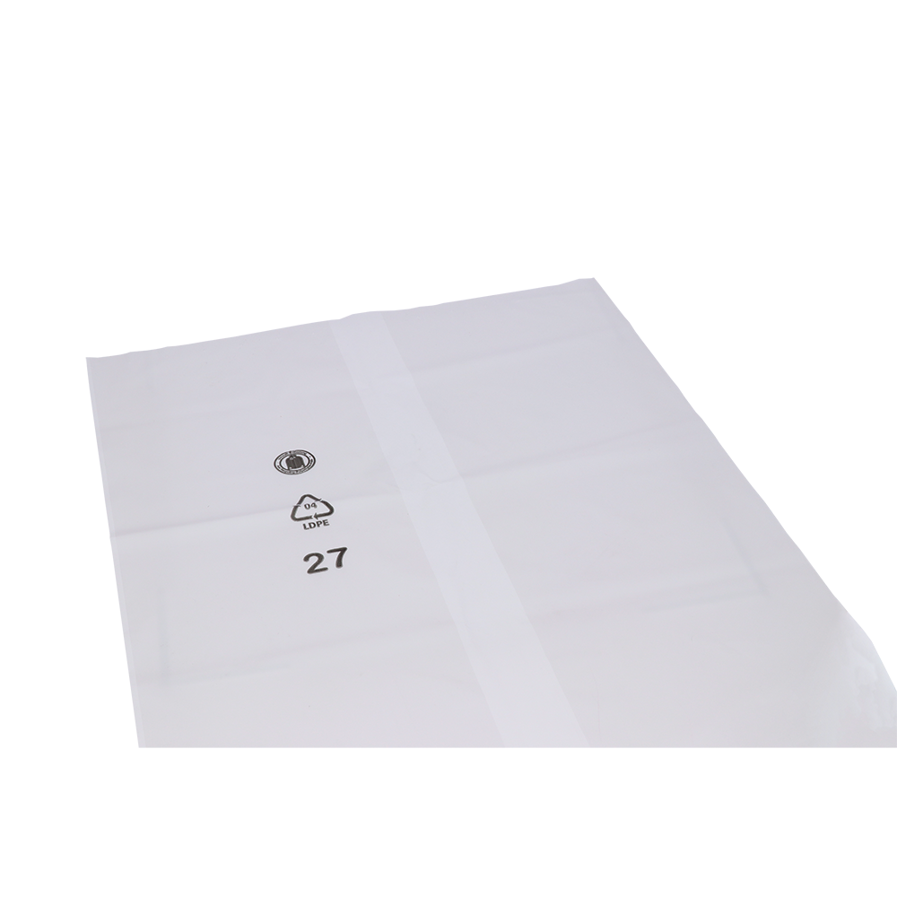 Pictured is a flat, transparent DEISS Premium garbage bag made of LDPE (180L, 99129) from EMIL DEISS KG (GmbH + Co.) on a white background. It is equipped with recycling symbols and the number 27 printed in black for sustainable use.