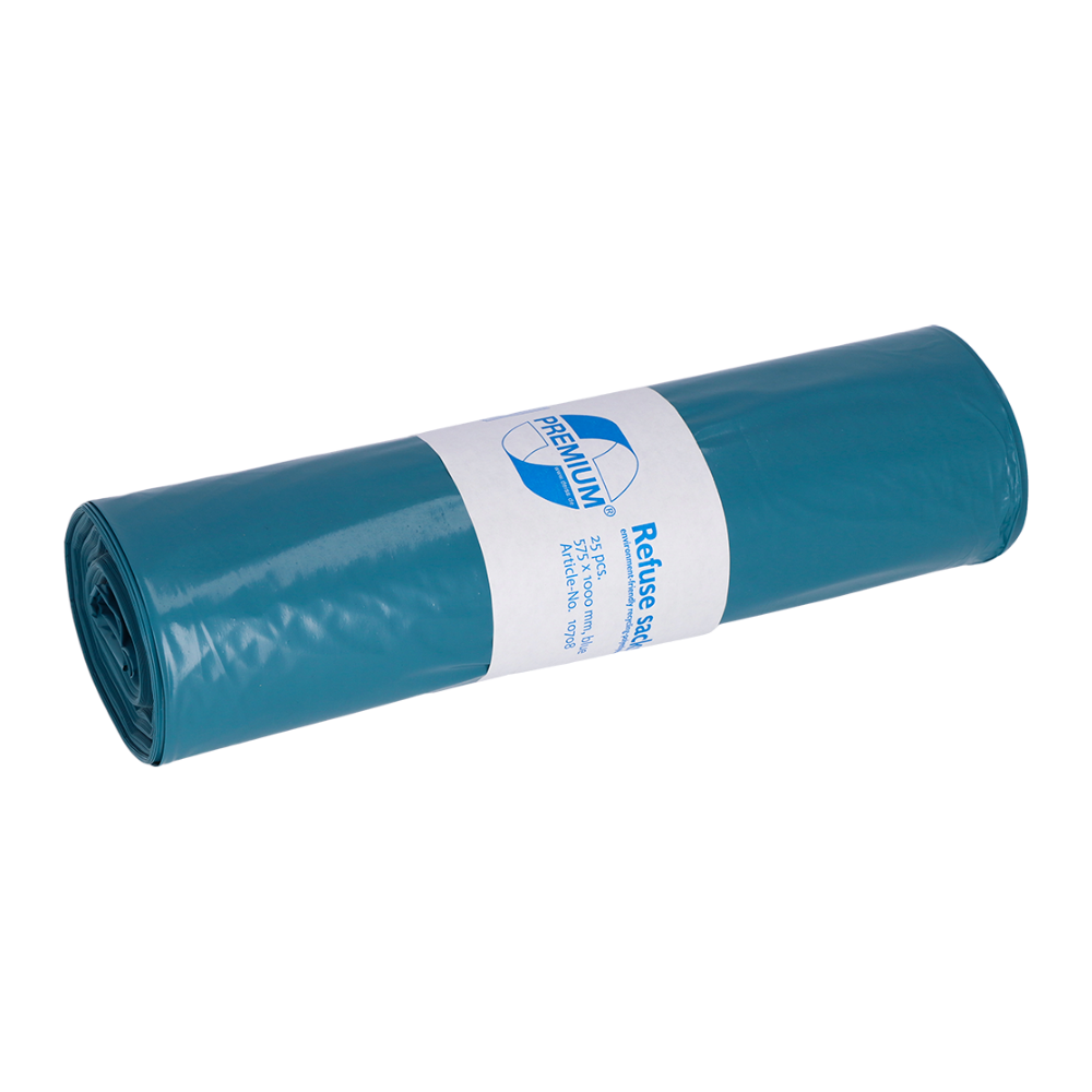 Os cúlra simplí bán, tá ról de mhálaí bruscair gorma DEISS Premium as LDPE na EMIL DEISS KG (GmbH + Co.) suite, le lipéad bán a thaispeánann an lógó agus a leagann béim ar chaighdeán ard an táirge.