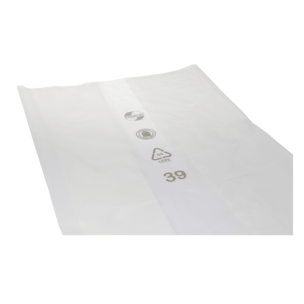 A DEISS 99095 - 900+600x1800x0.06 mm transparent garment cover made from recycled material with folded edges is depicted against a white background. The cover is printed with three logos and a text, including "4 love" and the number "39".