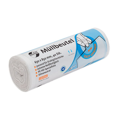 The DEISS Universal Plus® garbage bag 80 liters, 46928 from EMIL DEISS KG (GmbH + Co.) is a roll of durable garbage bags labeled 'garbage bag', with dimensions 630 x 850 mm and a quantity of 40 pieces per roll. The packaging includes an illustration highlighting an Easy-Opener design and provides material information for ease of use.