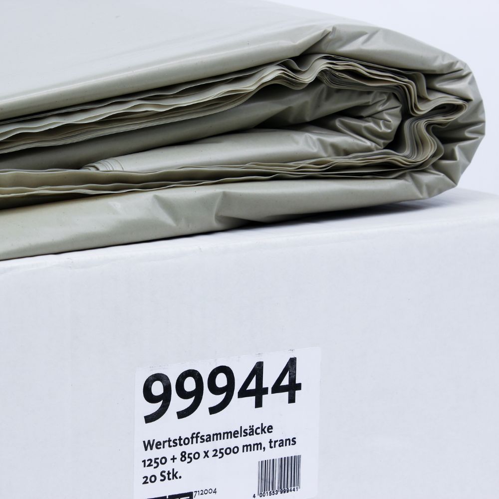 On a white box rests a stack of folded, translucent DEISS recyclable collection bags. The label on the box reads "99944 DEISS recyclable collection bag Type-100, 2500 liters – 2500 liters | Box (20 bags)." These tear-resistant bags from EMIL DEISS KG (GmbH + Co.) promise durability for all your sorting tasks.
