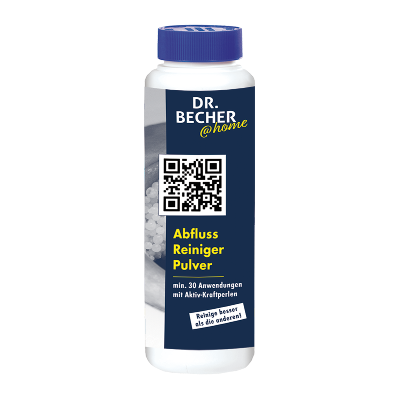 A white plastic bottle with a blue label bears the text "DR.BECHER @home Drain Cleaner Powder | Bottle (750 g)" and "Dr. Becher GmbH". The label features a prominent QR code and indicates "min. 30 applications with active power pearls" when used regularly. The bottle has a dark blue cap.