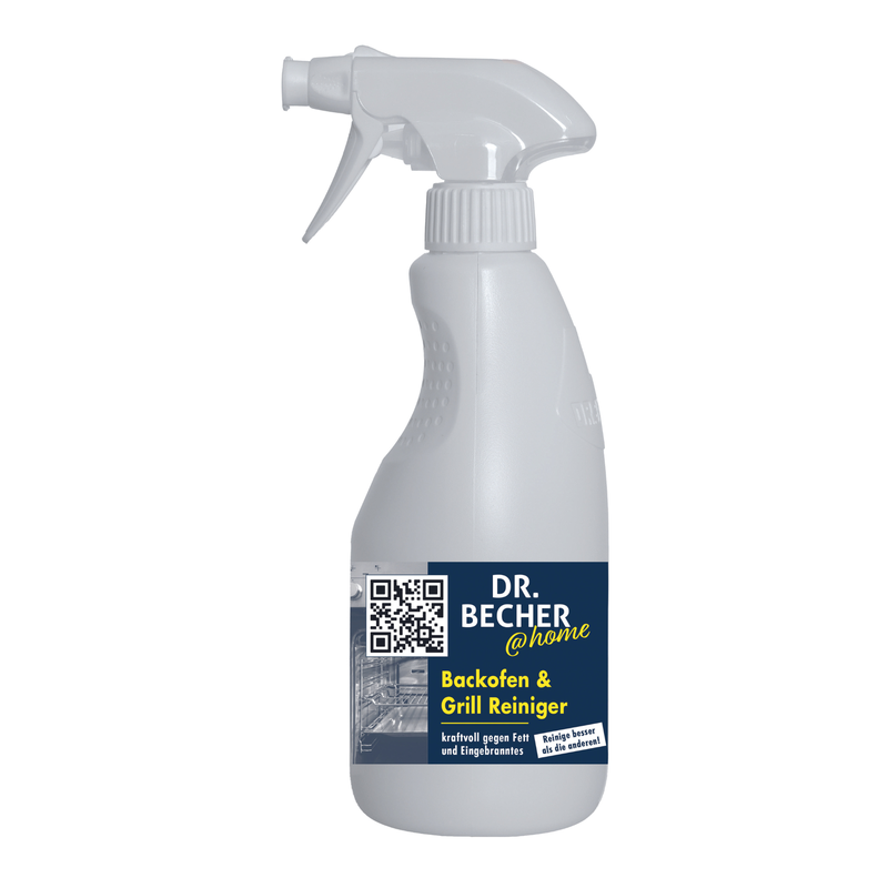 A white spray bottle with the label “DR.BECHER @home Oven & Grill Cleaner | Bottle (500 ml)” and a QR code on the front. The text emphasizes its effectiveness against stubborn encrustations, making the product ideal for cleaning ovens and grills.