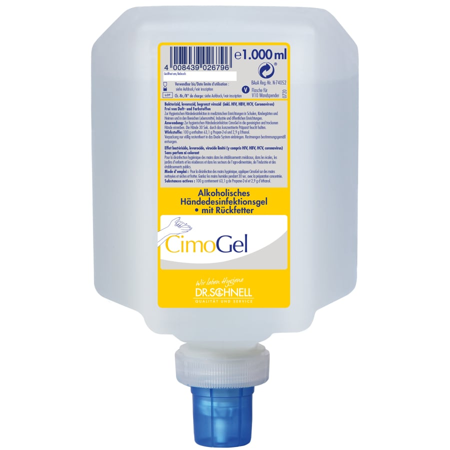 Die 1000 ml durchsichtige Kunststoffflasche der Dr. Schnell CIMOGEL Händedesinfektion der DR.SCHNELL GmbH & Co. KGaA, mit blauem Spenderverschluss und deutschem Etikett, bietet Händedesinfektion und Schutz vor Bakterien und Viren.