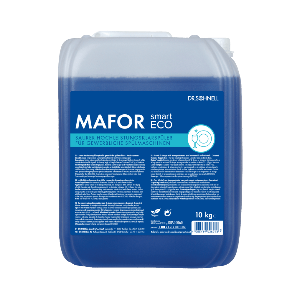 A 10 kg package Dr. Schnell MAFOR smart ECO from DR.SCHNELL GmbH & Co. KGaA, a blue, acidic, environmentally friendly rinse aid for commercial dishwashers, with product details and instructions on a blue label.