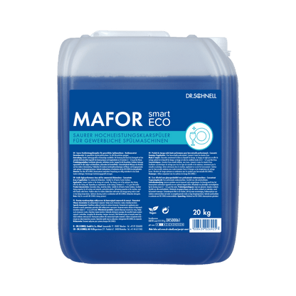 A 20 kg package Dr. Schnell MAFOR smart ECO by DR.SCHNELL GmbH & Co. KGaA, an environmentally friendly blue rinse aid for commercial dishwashers, is provided with product information and instructions in German on the blue label.