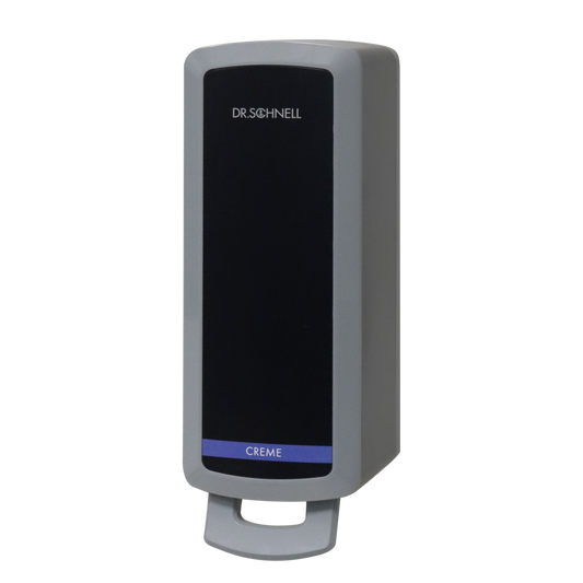 Der Dr. Schnell Spender V10N von DR.SCHNELL GmbH & Co. KGaA ist ein grauer, rechteckiger Wandspender mit schwarzer Front und blauem "Creme"-Streifen, ideal für die hygienische Anwendung von Reinigungs- und Desinfektionsmitteln.