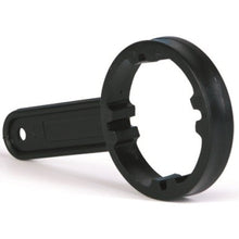 The Dr. Schumacher canister key (1 piece) from Dr. Schumacher GmbH is a black plastic tool with a notched, round end and a flat handle, ideal for loosening round fastenings like water filter housings. Pictured on a white background.