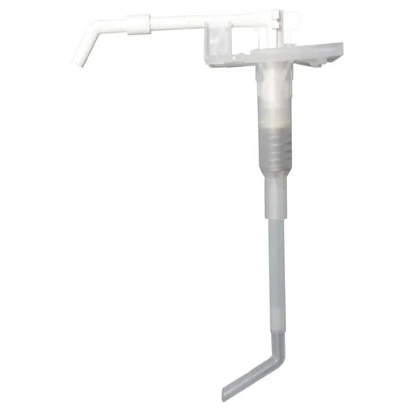 The Dr. Schumacher plastic pump from Dr. Schumacher GmbH is a white, robust dispenser pump with a long, angled hose and horizontal spout - ideal for dispensing liquids from large containers.
