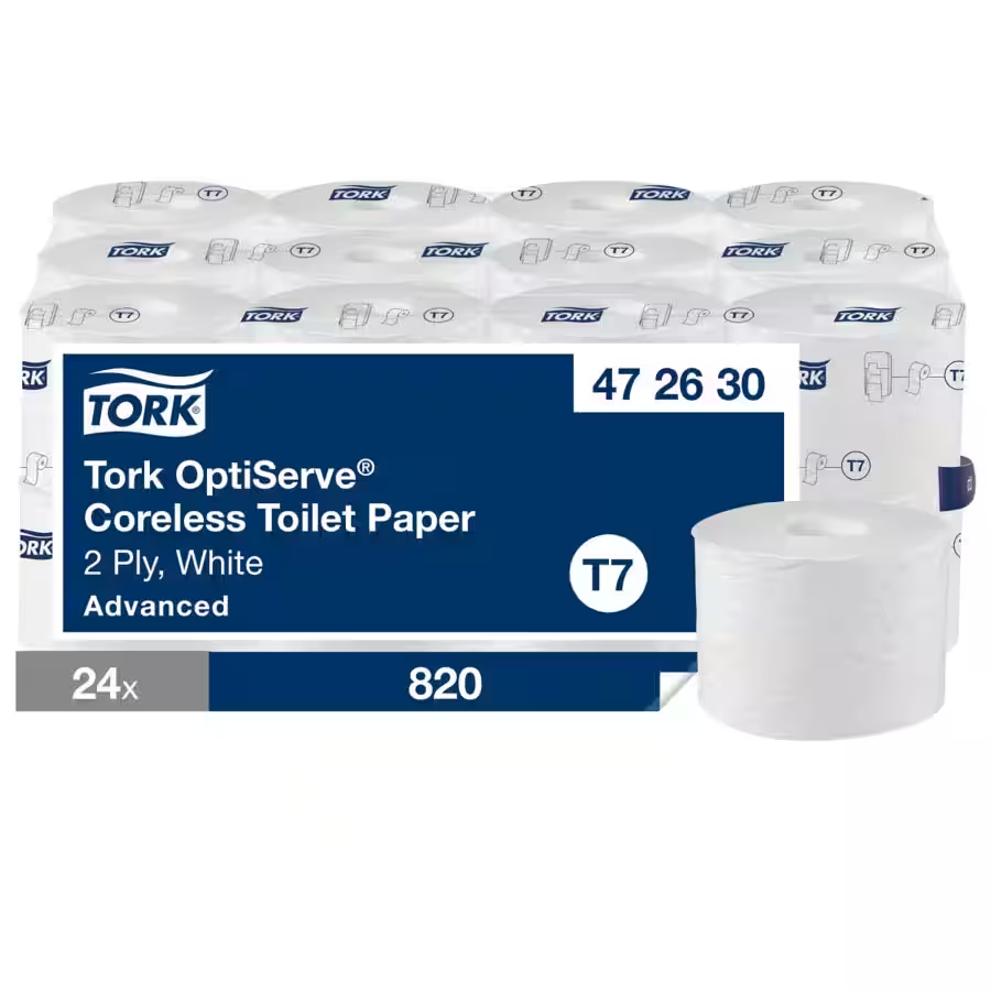 Tork OptiServe coreless toilet paper, 2-ply, white, system T7, 24 rolls of 820 sheets