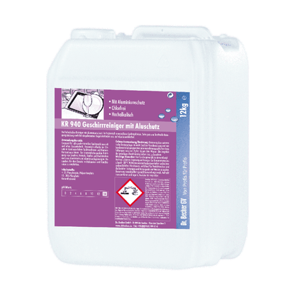 The 12 kg Dr. Becher KR 940 dish cleaner with aluminum protection from Dr. Becher GmbH is a white container with an integrated handle and a violet label with German instructions, symbols, and warnings about its highly alkaline cleaning properties and aluminum protection.