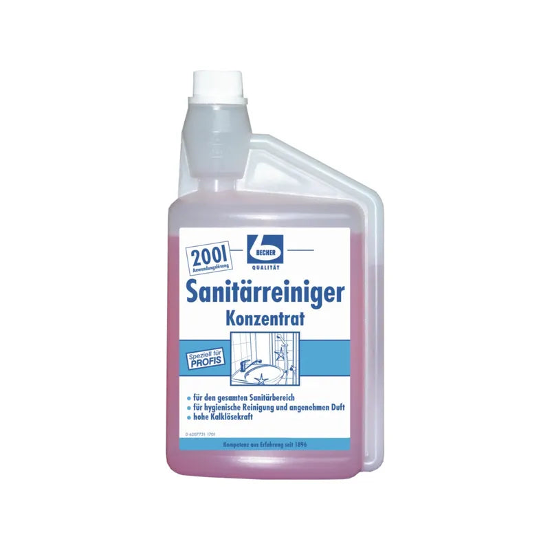 Plastic bottle Dr. Becher sanitary cleaner concentrate - 1 liter | Bottle (1000 ml), a concentrated bathroom cleaner for daily maintenance cleaning. The label is in German and bears the name of Dr. Becher GmbH.