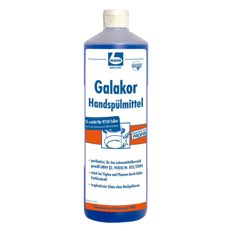 Eine blaue Plastikflasche mit Dr. Becher Galakor Handspülmittel - 1 Liter | Flasche (1000 ml), ein parfümfreies Profi-Spülmittel der Dr. Becher GmbH. Das überwiegend weiße Etikett mit blauem Text und einer Grafik aus Teller und Blasen zeigt an, dass das Produkt für den professionellen Einsatz geeignet ist und maximale Reinigungskraft bietet und gleichzeitig lebensmittelecht ist.