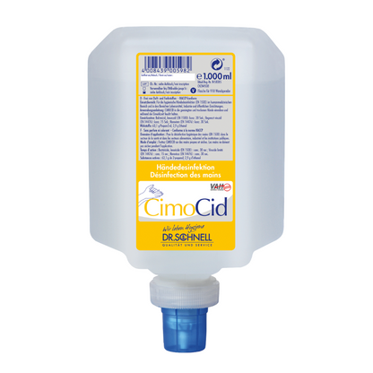 A rectangular, translucent plastic bottle from DR.SCHNELL GmbH & Co. KGaA with the inscription "Dr. Schnell CIMOCID Alcoholic Hand Disinfection" and a blue cap at the bottom contains 1000 ml of hand disinfectant. The label includes multilingual instructions and product information for hygienic disinfection.