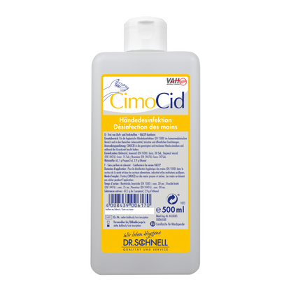 A 500 ml bottle of Dr. Schnell CIMOCID Alcoholic Hand Disinfection is equipped with a yellow label with text in German and French, containing instructions for hygienic hand disinfection. The bottle is equipped with a white flip closure and has a barcode in the lower left corner for convenient access to product details, manufactured by DR.SCHNELL GmbH & Co. KGaA.