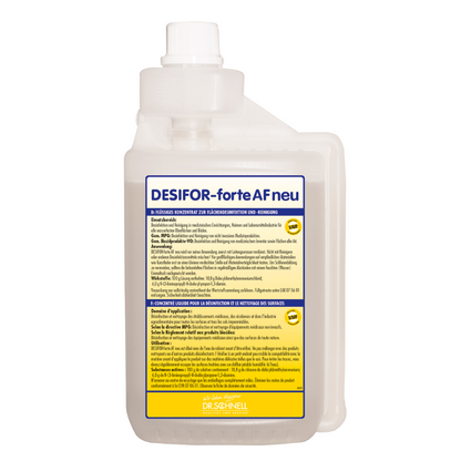 The image shows a bottle of Dr. Schnell Desifor-forte AF new surface disinfectant, an effective disinfectant that is perfect for surface disinfection. The white bottle is labeled with a yellow label containing multilingual text with instructions for use and product details, manufactured by DR.SCHNELL GmbH & Co. KGaA.