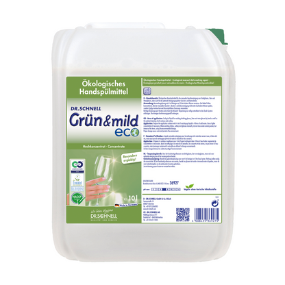 Ein weißer Behälter mit der Aufschrift „Dr. Schnell GRÜN & MILD ECO ergiebiges ökologisches Handspülmittel“ der DR.SCHNELL GmbH & Co. KGaA zeigt Produktdetails, Zertifizierungen wie die HACCP-Bescheinigung und eine Weinglasgrafik. Dieser hautmildes Spülmittelbehälter fasst 10 Liter Flüssigkeit.