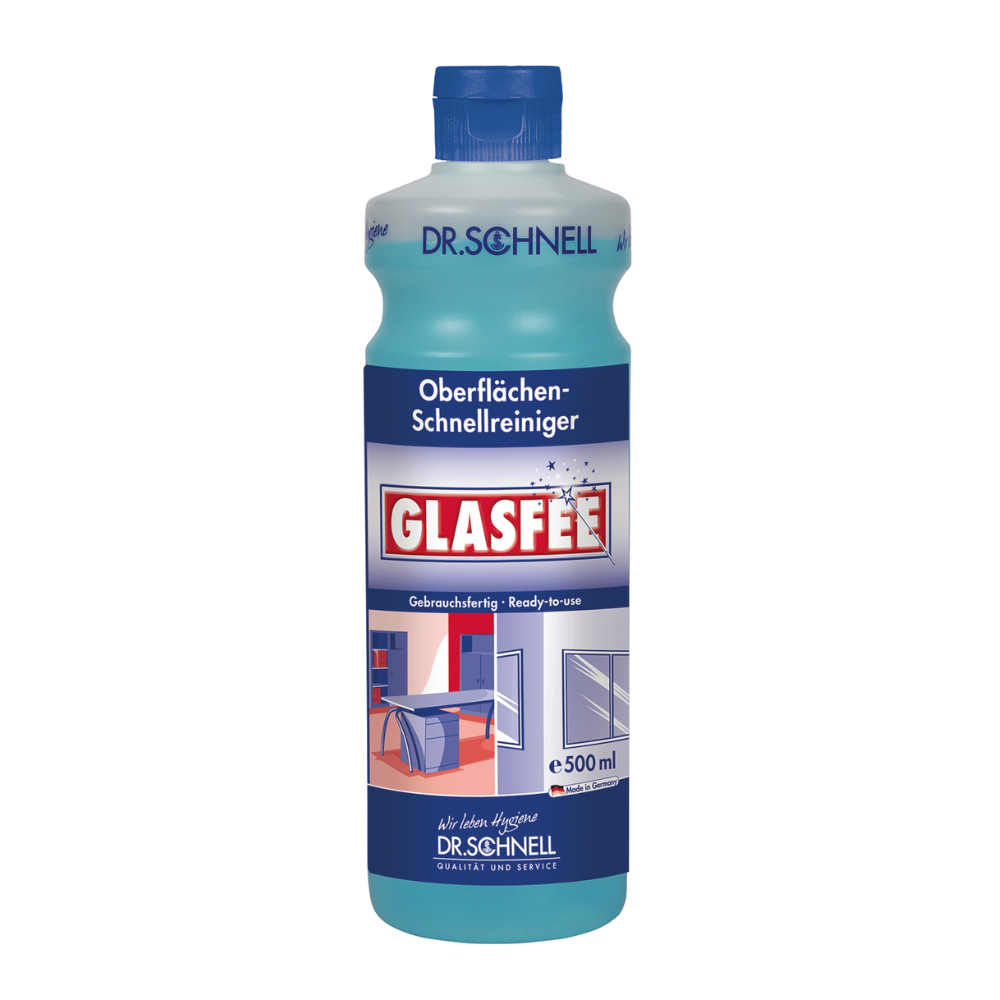 Tá buidéal 500 ml Dr. Schnell GlasFee Glasreiniger ó DR.SCHNELL GmbH & Co. KGaA léirithe. Tá an pacáistiú gorm maisithe le lipéad a bhfuil treoir glantacháin dromchla i nGearmáinis agus Béarla ann, maisithe le híomhánna de na dromchlaí atá le glanadh agus críochnaithe le clúdach gorm éadrom a chomhlánaíonn an dearadh iomlán.