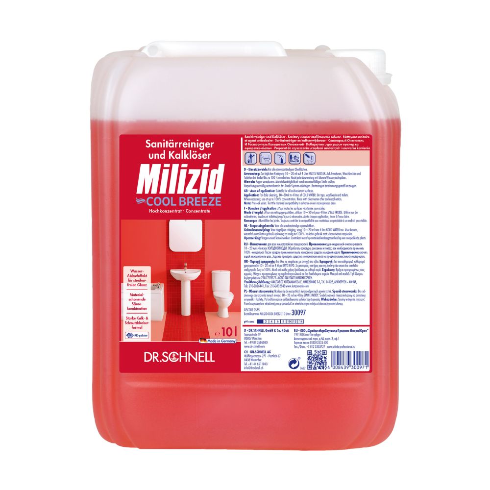 Ein roter 10-Liter-Behälter mit Dr. Schnell Milizid Cool Breeze Sanitärreiniger und Kalklöser von DR.SCHNELL GmbH & Co. KGaA, konzipiert für die desodorierende Reinigung mit sanitärreiniger- und kalklösenden Eigenschaften. Das vordere Etikett enthält Bilder einer Toilette und von Fliesen sowie Produktdetails und deutschen Text.