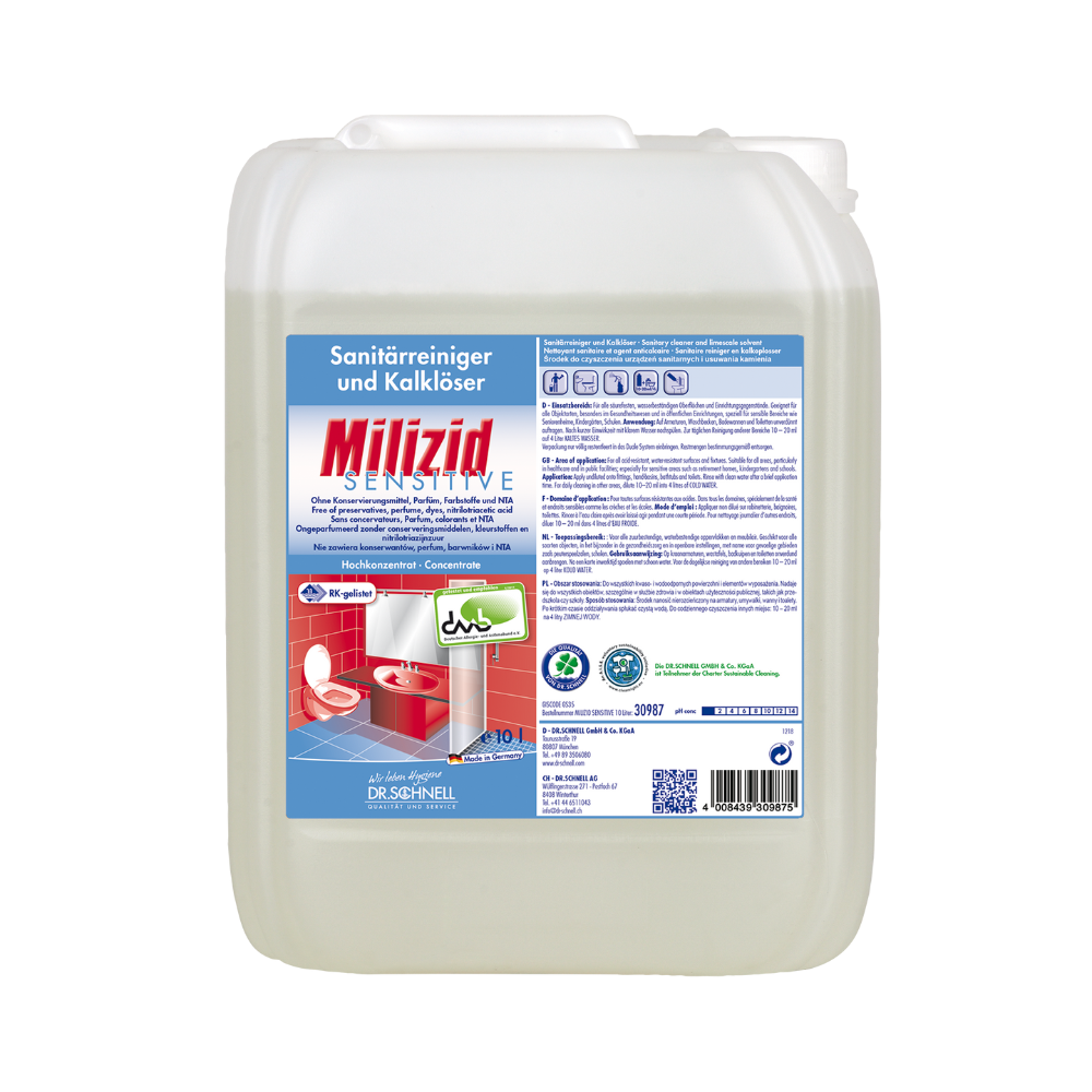 A container with Dr. Schnell Milizid Sensitive sanitary cleaner and lime remover, a product of DR.SCHNELL GmbH & Co. KGaA. It features a blue label with product details and images of a sink and a toilet on acid-resistant surfaces. The transparent container is sealed with a white cap.