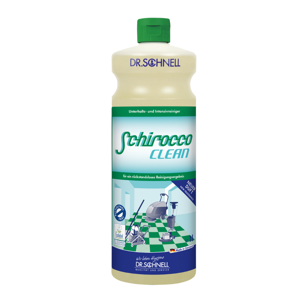 A plastic bottle Dr. Schnell SCHIROCCO CLEAN maintenance, intensive, and basic cleaner by DR.SCHNELL GmbH & Co. KGaA features a green-white German label with product information and a clean-floor graphic, ideal for intensive cleaning of hard floors.