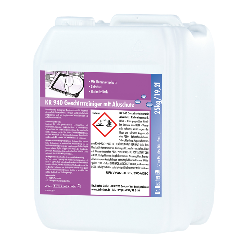 A large white plastic container with a handle and violet label carries safety instructions, text, and a plate image. The product is Dr. Becher KR 940 dish cleaner with aluminum protection from Dr. Becher GmbH. Capacity: 25 kg.