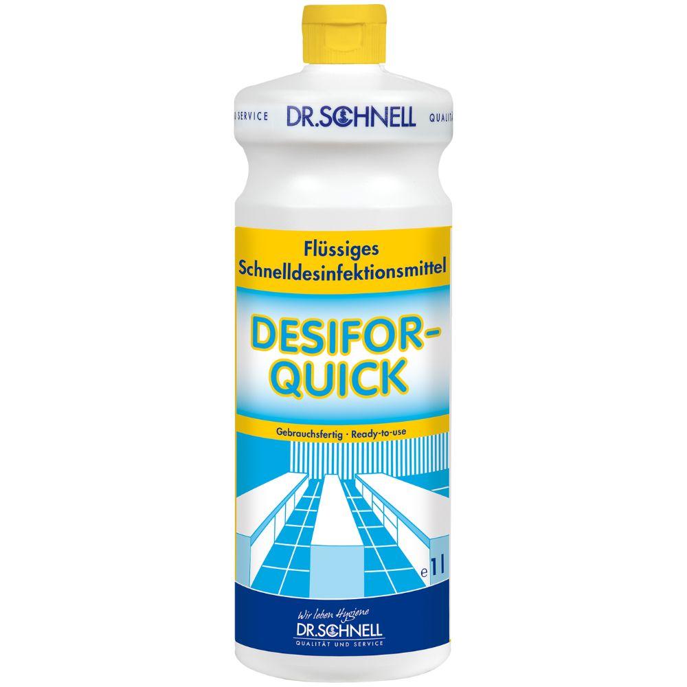 A 1 liter Dr. Schnell DESIFOR-QUICK surface disinfectant by DR.SCHNELL GmbH & Co. KGaA, with a yellow lid, blue-yellow label and a clean white tile floor image – ideal for hygienically sensitive areas.