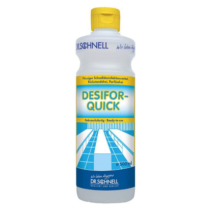 A 500 ml bottle Dr. Schnell DESIFOR-QUICK surface disinfectant by DR.SCHNELL GmbH & Co. KGaA, ready to use, with a yellow cap and blue-white-yellow label – ideal for hygiene-sensitive areas.