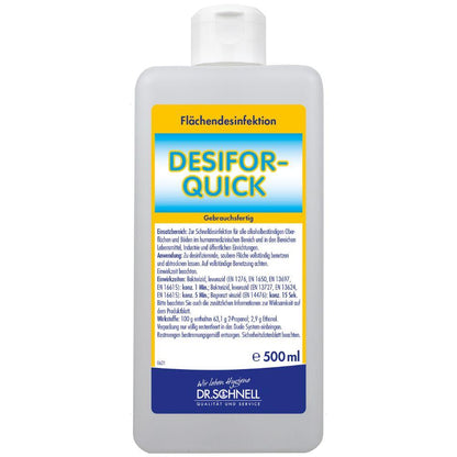 A 500 ml bottle Dr. Schnell DESIFOR-QUICK surface disinfectant by DR.SCHNELL GmbH & Co. KGaA, with a white cap and yellow-blue label in German, ideal for hygienically sensitive environments.
