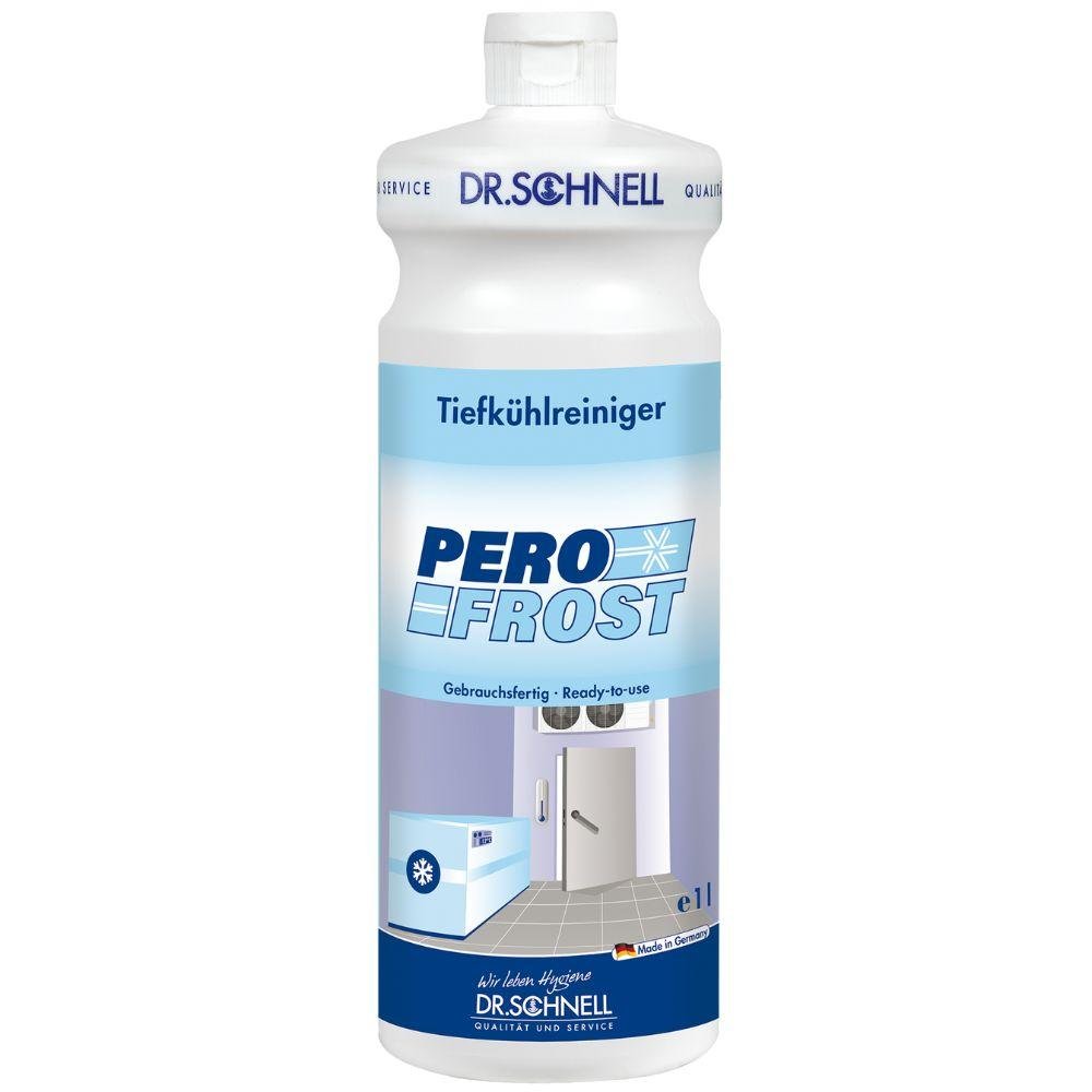 A white 1-liter bottle of DR.SCHNELL GmbH & Co. KGaA Dr. Schnell PERO FROST deep freezer cleaner for kitchen hygiene, with a blue label, German text, and an image of a walk-in freezer and mop bucket on the front.