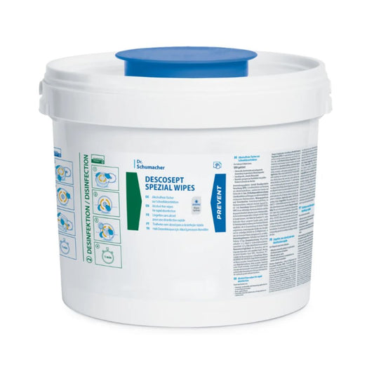 Ein weißer Kunststoffbehälter mit der Aufschrift „Dr. Schumacher DESCOSEPT SPEZIAL WIPES Desinfektionstücher“ mit blauem und grünem Text und Grafiken, kategorisiert unter medizinische Produkte, bietet an der Seite Anweisungen und Sicherheitsinformationen. Der Deckel ist weiß mit einer blauen Oberseite, ideal zur Aufbewahrung dieser Tücher von Dr. Schumacher GmbH.