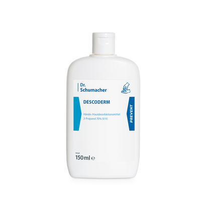 A 150 ml white bottle of Dr. Schumacher Descoderm skin disinfection, a fragrance-free disinfectant for hand and skin disinfection with 70% v/v 2-propanol, features a blue label with the text "PREVENT".