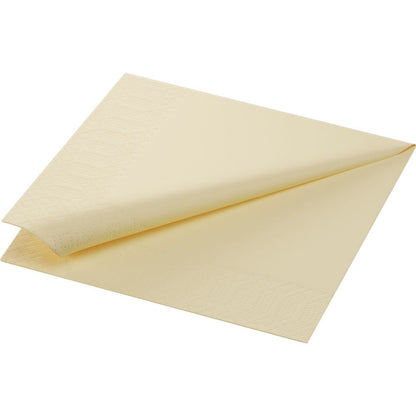 A folded, simple tissue napkin from Duni GmbH in light yellow is depicted on a white background. This 33 x 33 cm, three-ply napkin features subtle embossed patterns along the folded edges, emphasizing its eco-friendly character.