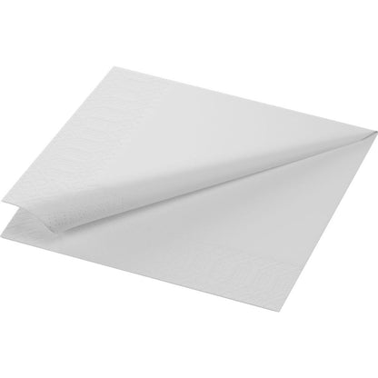 A Duni tissue napkin in the 33 x 33 cm format with a 3-ply design is folded diagonally to form layers. It has a textured edge on two sides for a decorative border and maintains a simple, clean appearance while being eco-friendly.